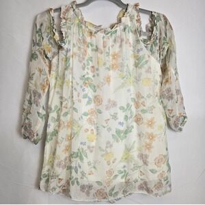 Giusy Made in Italy Silk Cold Shoulder Floral Blouse, Fairy Cottagecore, Small